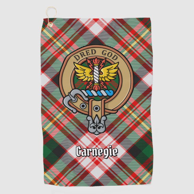 Clan Carnegie Wappen über Dress Tartan Golfhandtuch (Vorderseite)