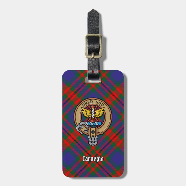 Clan Carnegie Wappen über Tartan Gepäckanhänger (Vorderseite vertikal)
