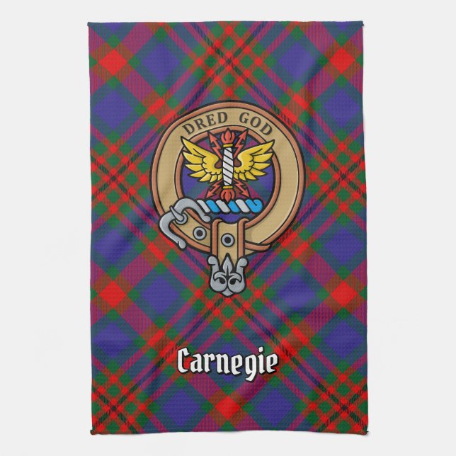 Clan Carnegie Wappen über Tartan Geschirrtuch (Vertikal)