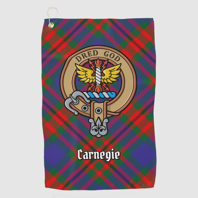 Clan Carnegie Wappen über Tartan Golfhandtuch (Vorderseite)