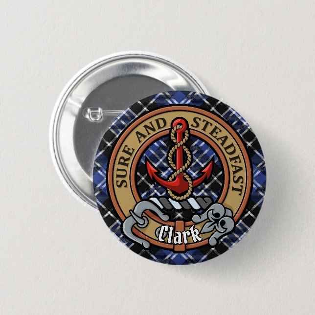 Clan Clark Wappen über Tartan Button (Vorne & Hinten)
