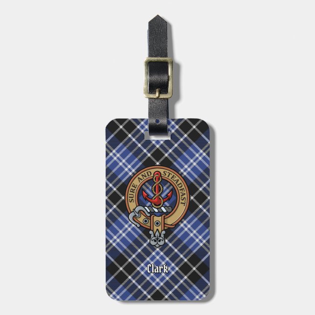 Clan Clark Wappen über Tartan Gepäckanhänger (Vorderseite vertikal)