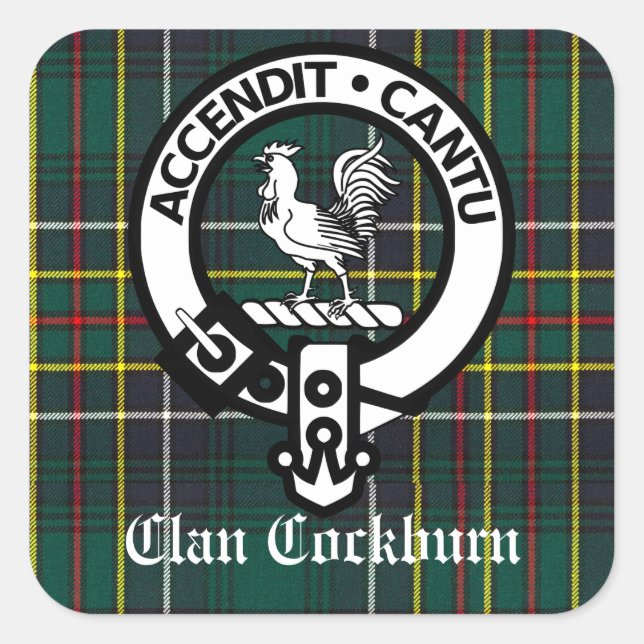 Clan Cockburn Wappen Abzeichen und Tartan Quadratischer Aufkleber (Vorderseite)