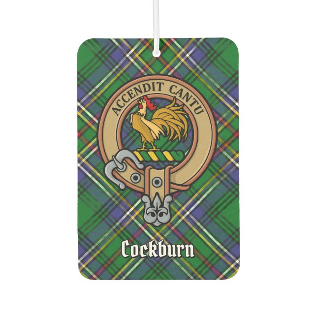 Clan Cockburn Wappen über Tartan Autolufterfrischer (Vorderseite)