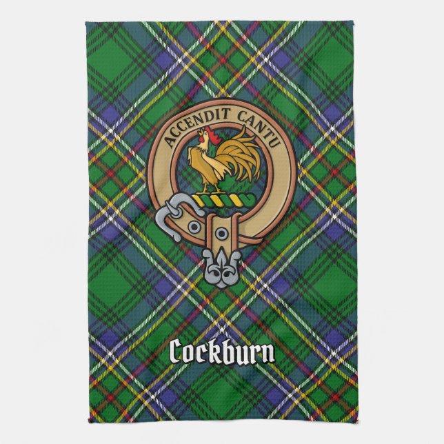 Clan Cockburn Wappen über Tartan Geschirrtuch (Vertikal)