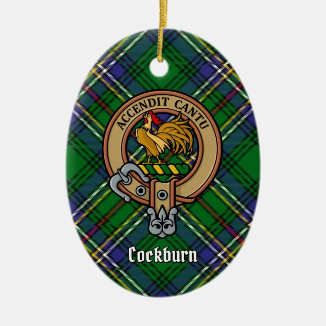 Clan Cockburn Wappen über Tartan Keramik Ornament (Vorne)