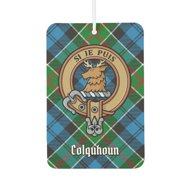 Clan Colquhoun Wappen über Tartan Autolufterfrischer (Vorderseite)