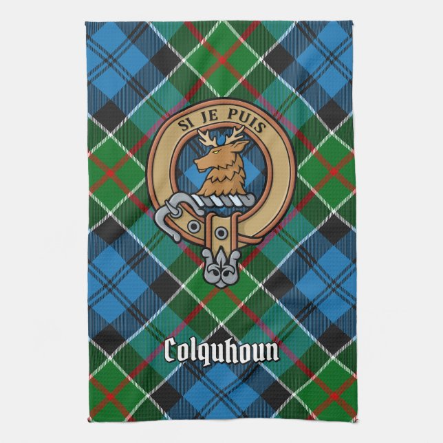 Clan Colquhoun Wappen über Tartan Geschirrtuch (Vertikal)