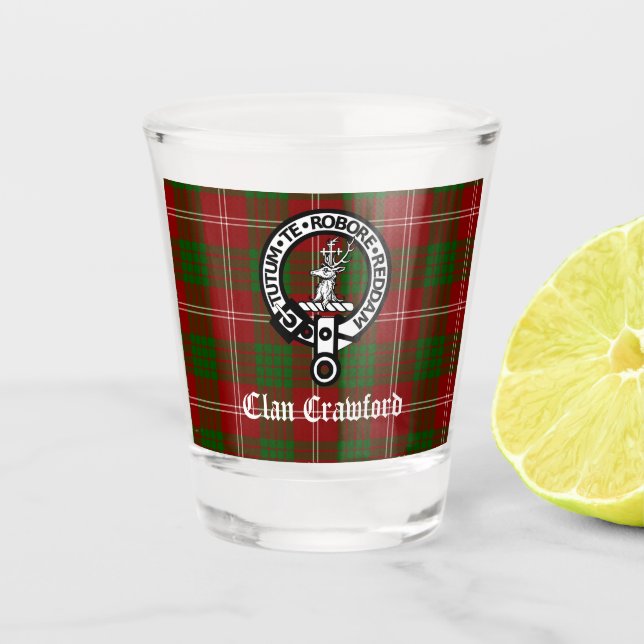 Clan Crawford Wappen Abzeichen und Tartan Schnapsglas (Vorderseite)