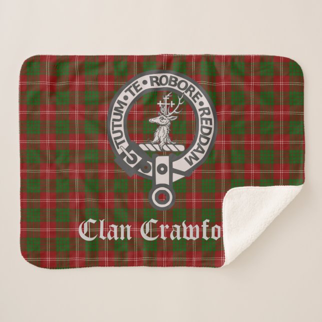 Clan Crawford Wappen Abzeichen und Tartan Sherpadecke (Vorderseite (Horizontal))