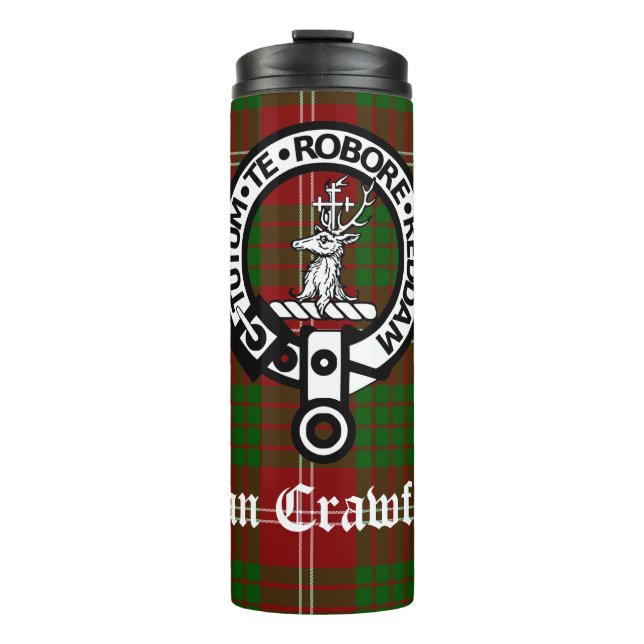 Clan Crawford Wappen Abzeichen und Tartan Thermosbecher (Vorderseite)