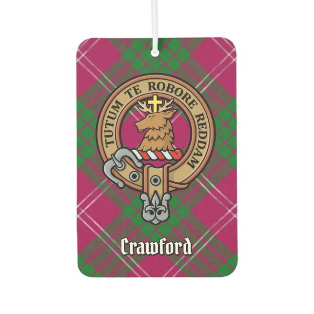 Clan Crawford Wappen über Tartan Autolufterfrischer (Vorderseite)