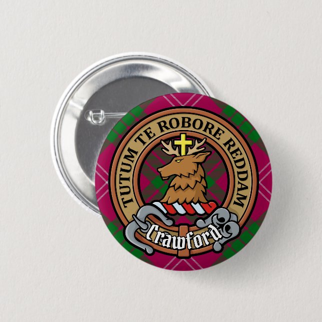 Clan Crawford Wappen über Tartan Button (Vorne & Hinten)