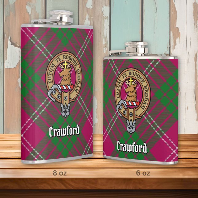 Clan Crawford Wappen über Tartan Flachmann (Von Creator hochgeladen)