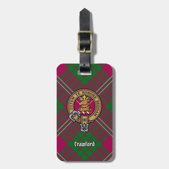 Clan Crawford Wappen über Tartan Gepäckanhänger (Vorderseite vertikal)