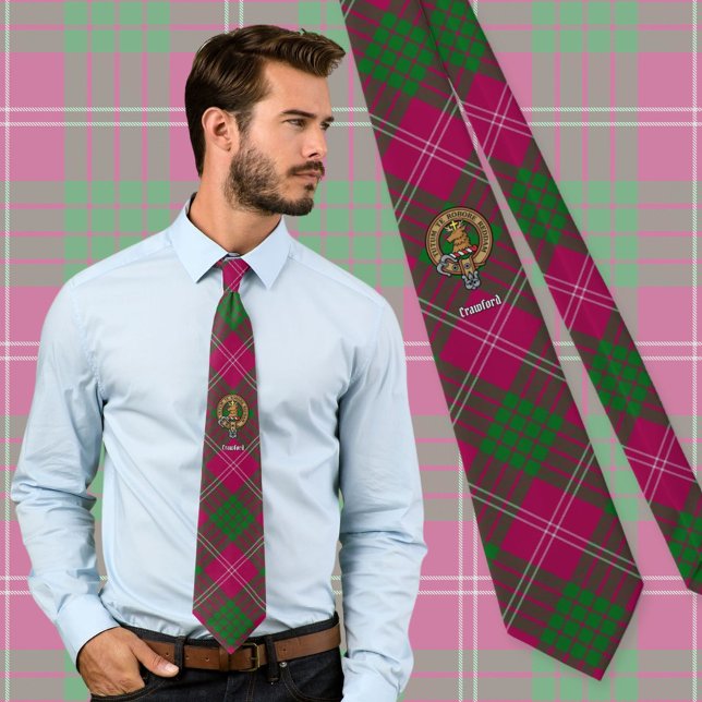 Clan Crawford Wappen über Tartan Krawatte (Von Creator hochgeladen)