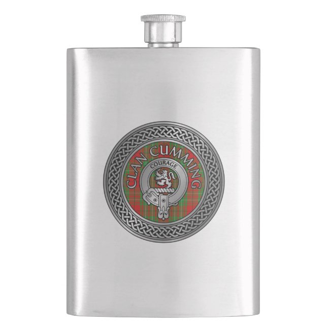 Clan Cumming Wappen & Tartan Knot Flask Flachmann (Vorderseite)
