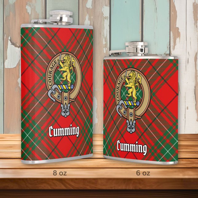 Clan Cumming Wappen über Tartan Flachmann (Von Creator hochgeladen)