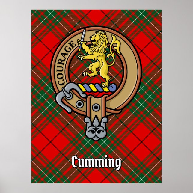 Clan Cumming Wappen über Tartan Poster (Vorne)