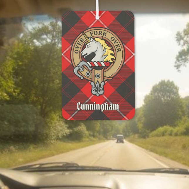 Clan Cunningham Wappen über Tartan Autolufterfrischer (Von Creator hochgeladen)