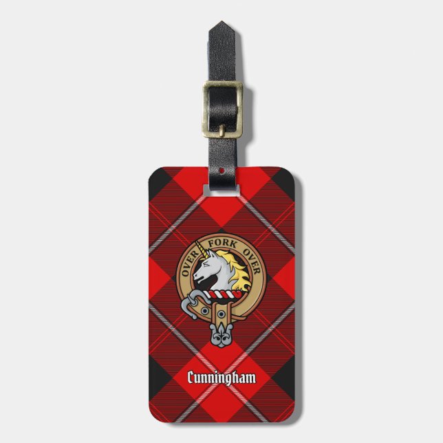 Clan Cunningham Wappen über Tartan Gepäckanhänger (Vorderseite vertikal)