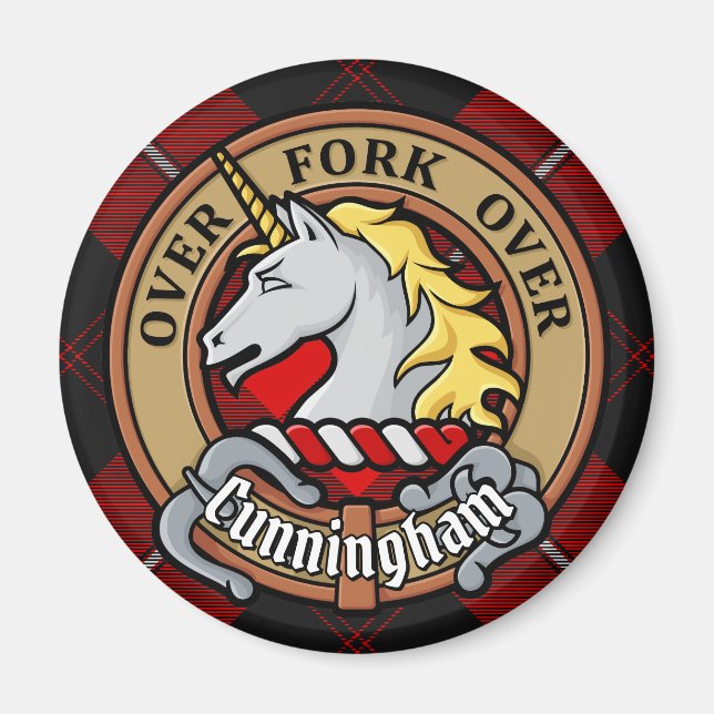 Clan Cunningham Wappen über Tartan Magnet (Vorne)