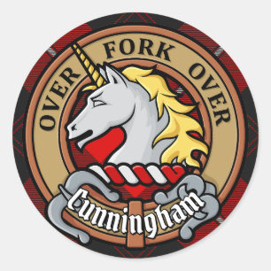 Clan Cunningham Wappen über Tartan Runder Aufkleber