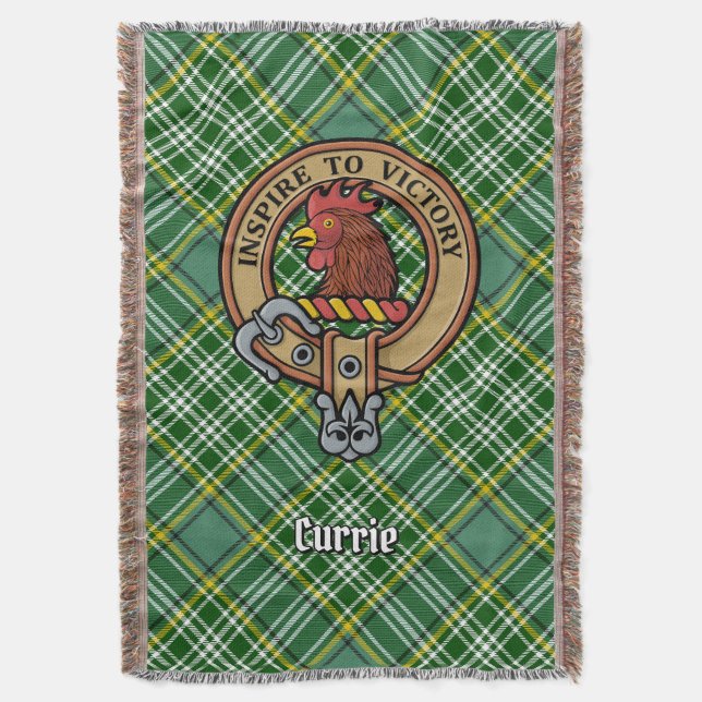 Clan Currie Hahn-Wappen über Tartan Decke (Vorderseite Vertikal)