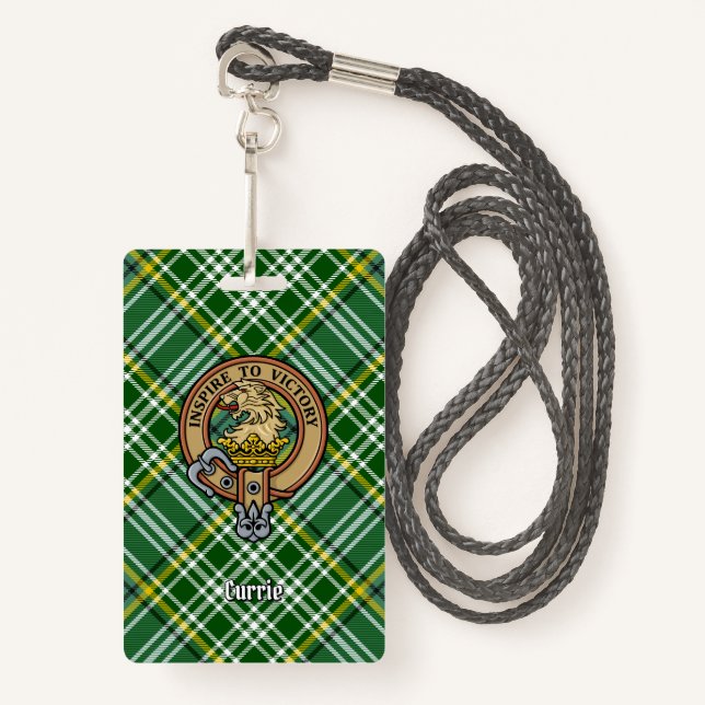 Clan Currie Lion Wappen über Tartan Ausweis (Vorderseite mit Schlüsselband)