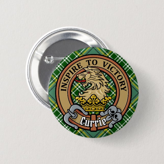 Clan Currie Lion Wappen über Tartan Button (Vorne & Hinten)