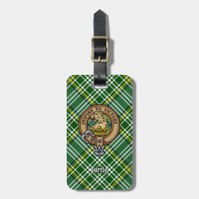 Clan Currie Lion Wappen über Tartan Gepäckanhänger (Vorderseite vertikal)