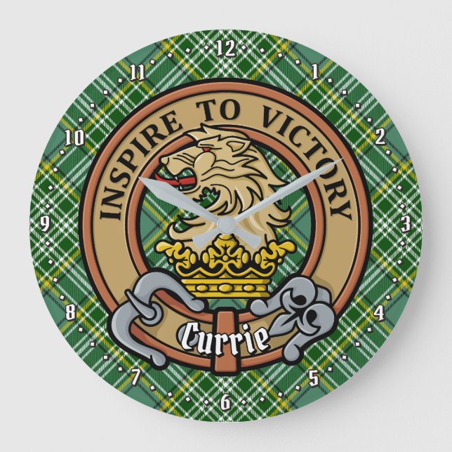 Clan Currie Lion Wappen über Tartan Große Wanduhr (Vorderseite)