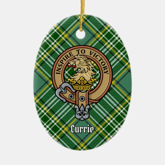 Clan Currie Lion Wappen über Tartan Keramik Ornament (Vorne)