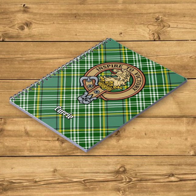 Clan Currie Lion Wappen über Tartan Notizblock (Von Creator hochgeladen)