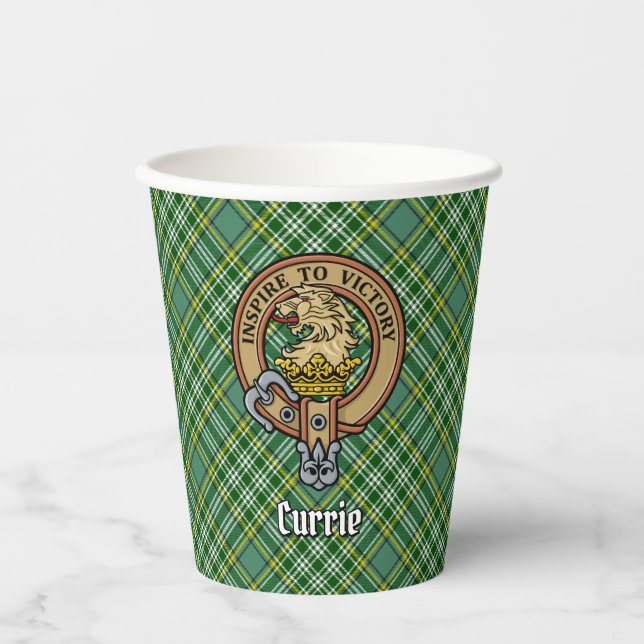 Clan Currie Lion Wappen über Tartan Pappbecher (Vorderseite)