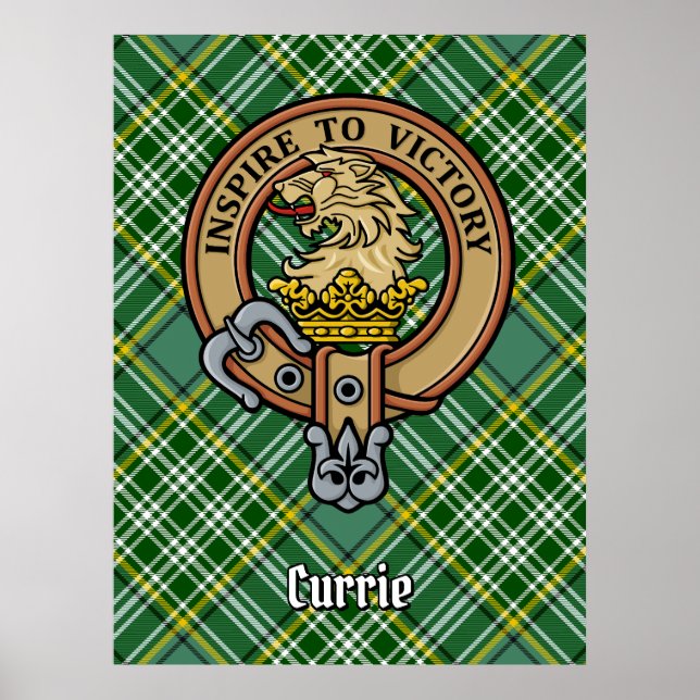 Clan Currie Lion Wappen über Tartan Poster (Vorne)