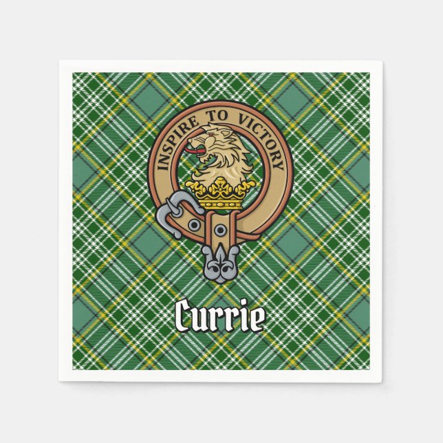 Clan Currie Lion Wappen über Tartan Serviette (Vorderseite)