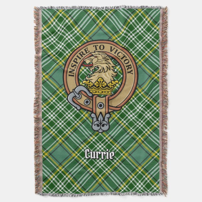 Clan Currie Löwenwappen über Tartan Decke (Vorderseite Vertikal)