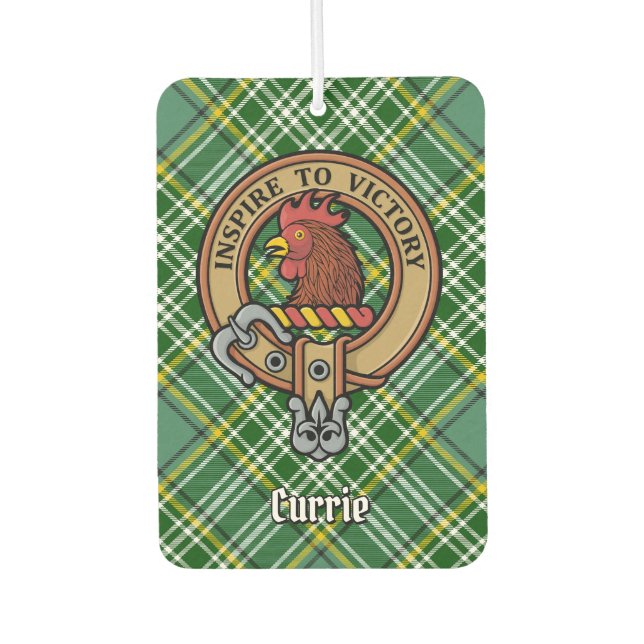 Clan Currie Rooster Wappen über Tartan Autolufterfrischer (Vorderseite)