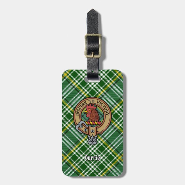 Clan Currie Rooster Wappen über Tartan Gepäckanhänger (Vorderseite vertikal)