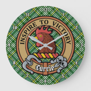 Clan Currie Rooster Wappen über Tartan Große Wanduhr