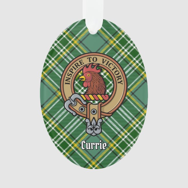 Clan Currie Rooster Wappen über Tartan Ornament (Vorderseite)