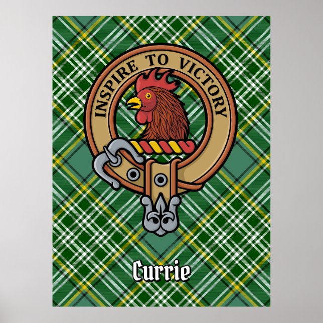 Clan Currie Rooster Wappen über Tartan Poster (Vorne)