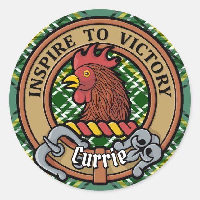 Clan Currie Rooster Wappen über Tartan Runder Aufkleber (Vorderseite)