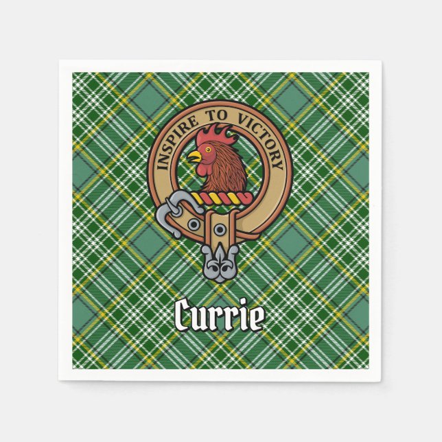 Clan Currie Rooster Wappen über Tartan Serviette (Vorderseite)