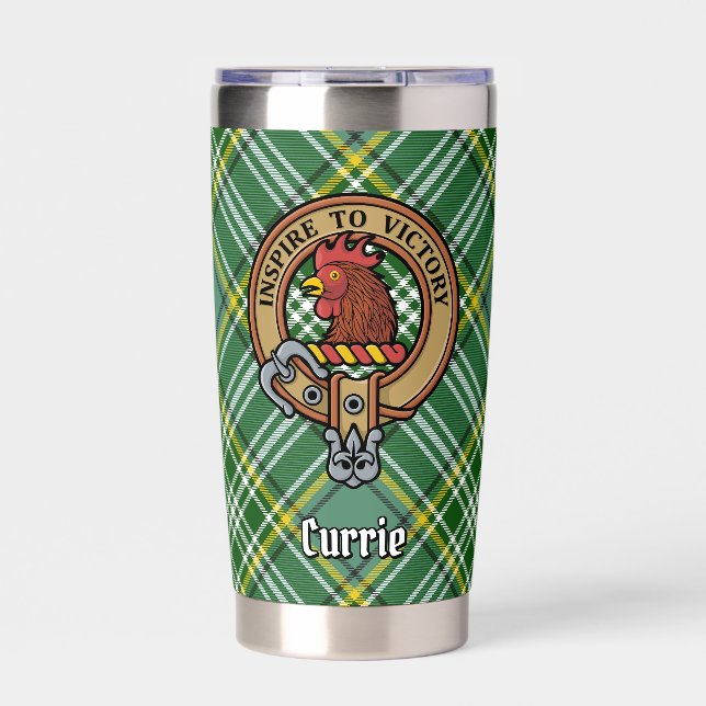 Clan Currie Rooster Wappen über Tartan Thermobecher (Vorderseite)