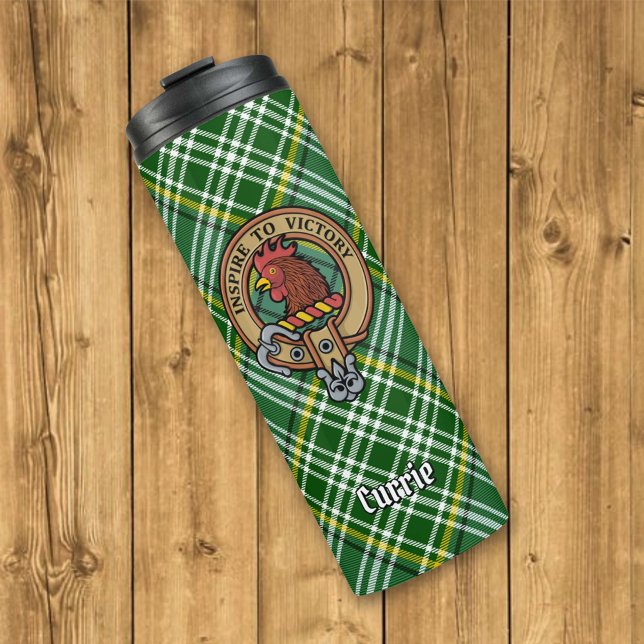 Clan Currie Rooster Wappen über Tartan Thermosbecher (Von Creator hochgeladen)