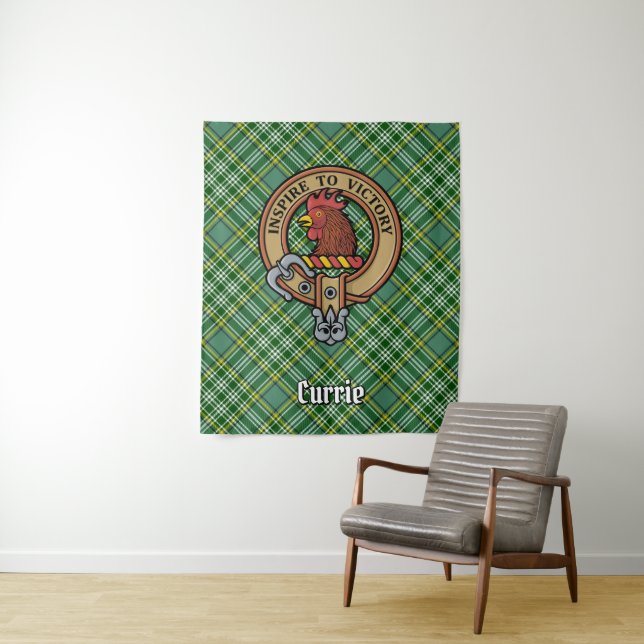 Clan Currie Rooster Wappen über Tartan Wandteppich (Beispiel)