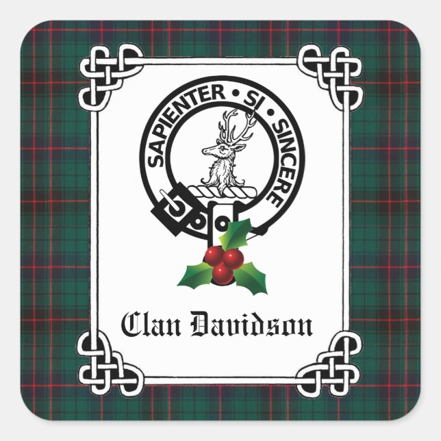 Clan Davidson Wappen Abzeichen & Tartan Holiday Quadratischer Aufkleber (Vorderseite)