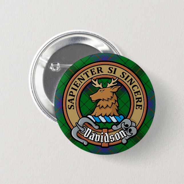 Clan Davidson Wappen über Tartan Button (Vorne & Hinten)